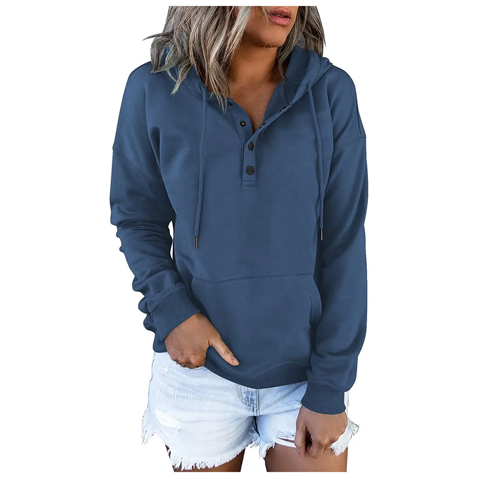 Women's Long Sleeve Hooded Pullover Beige Loose Fit — feature 9