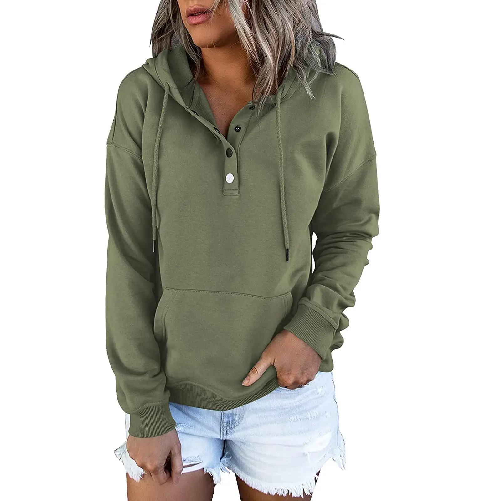 Women's Long Sleeve Hooded Pullover Beige Loose Fit