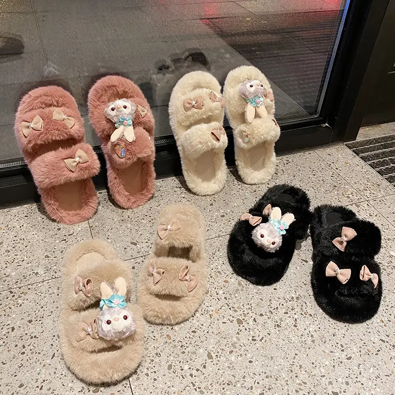 Cute rabbit plush slippers outer wear autumn and winter cotton slippers women's winter imitation fur warm slippers one-word cotton slippers