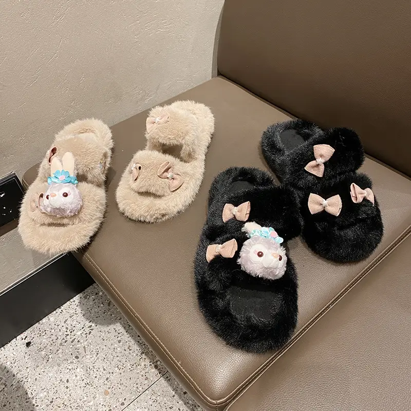 Cute rabbit plush slippers outer wear autumn and winter cotton slippers women's winter imitation fur warm slippers one-word cotton slippers