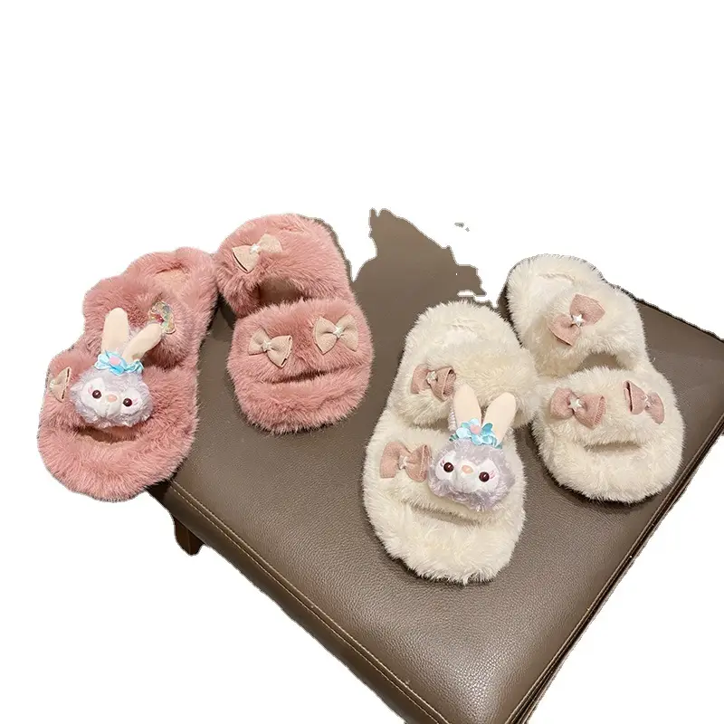 Cute rabbit plush slippers outer wear autumn and winter cotton slippers women's winter imitation fur warm slippers one-word cotton slippers