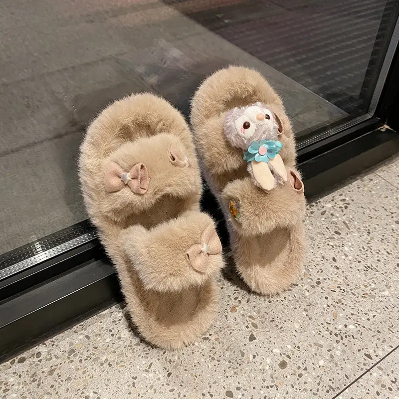 Cute rabbit plush slippers outer wear autumn and winter cotton slippers women's winter imitation fur warm slippers one-word cotton slippers