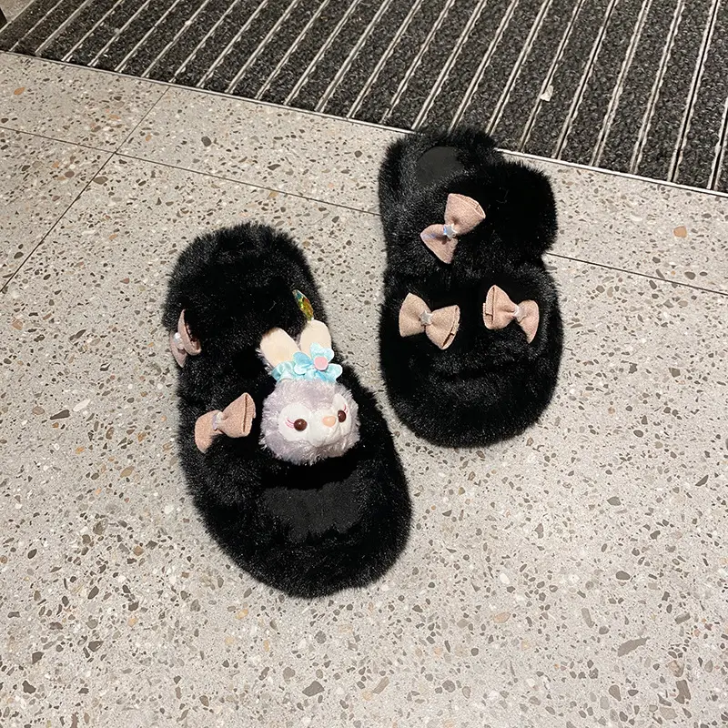 Cute rabbit plush slippers outer wear autumn and winter cotton slippers women's winter imitation fur warm slippers one-word cotton slippers