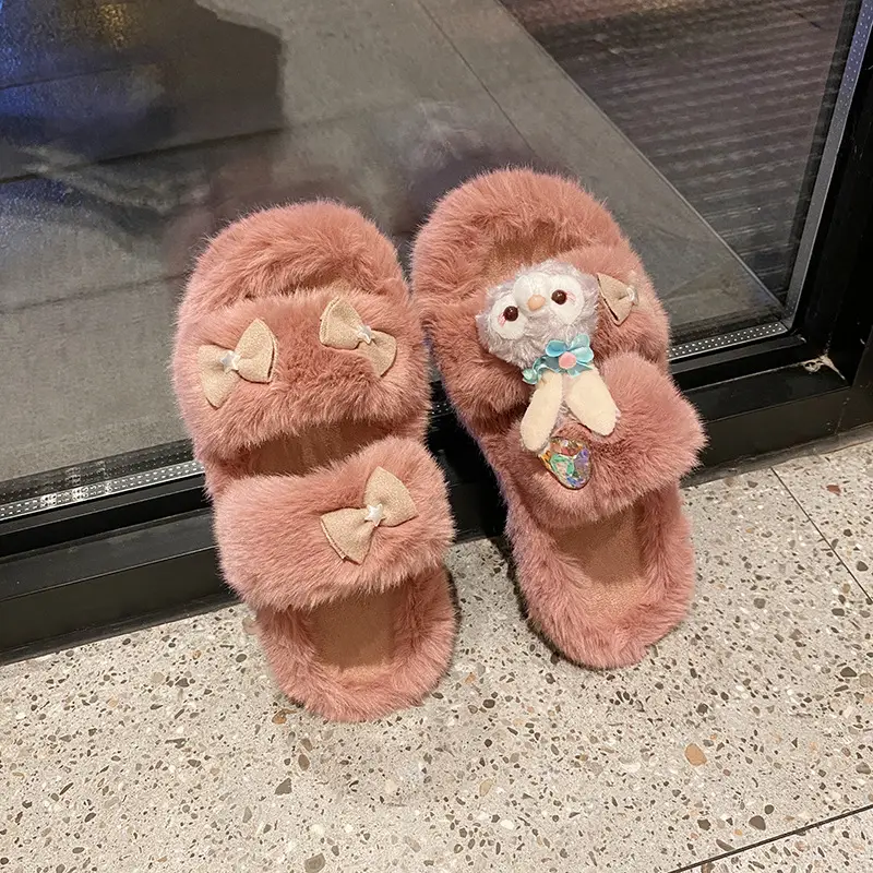 Cute rabbit plush slippers outer wear autumn and winter cotton slippers women's winter imitation fur warm slippers one-word cotton slippers