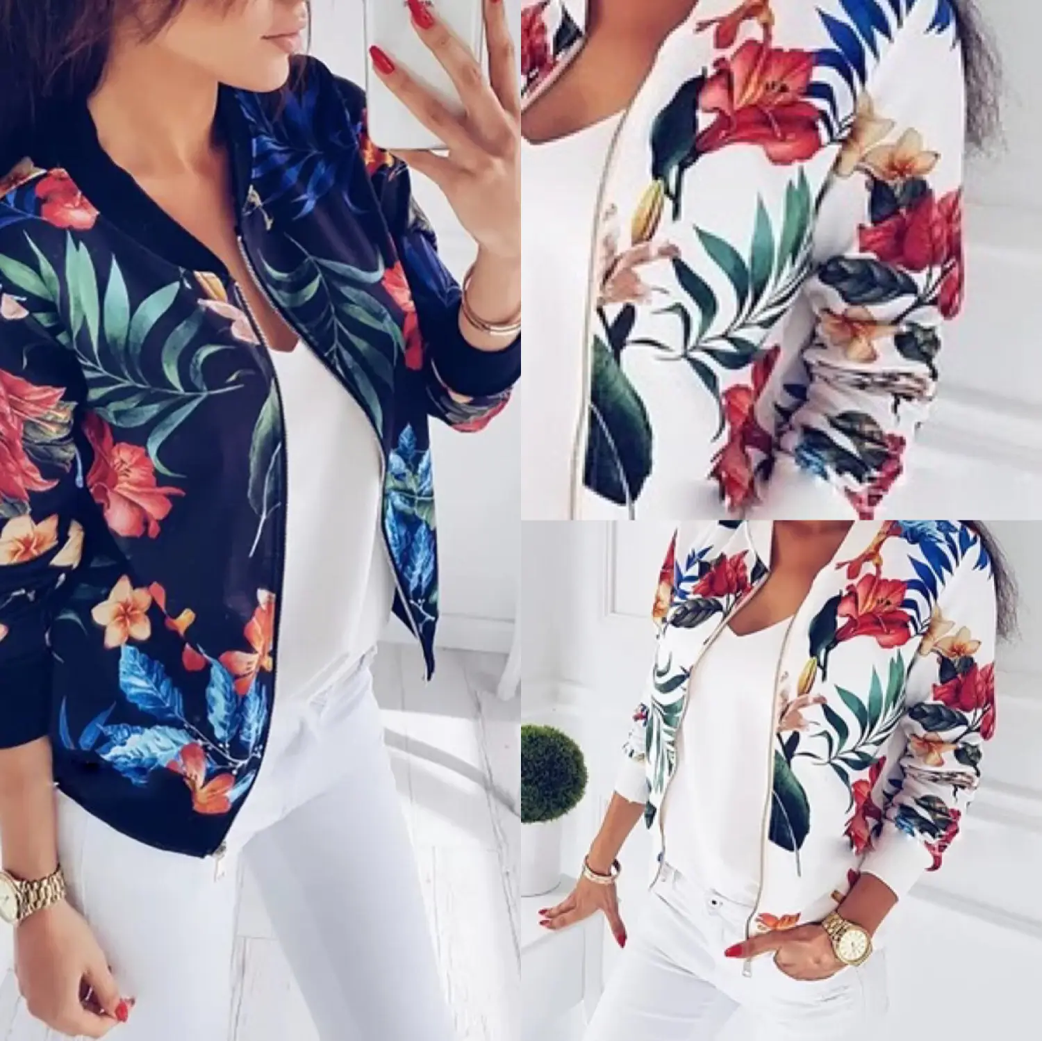 Women's Floral Print Autumn Jacket Short Style — feature 2