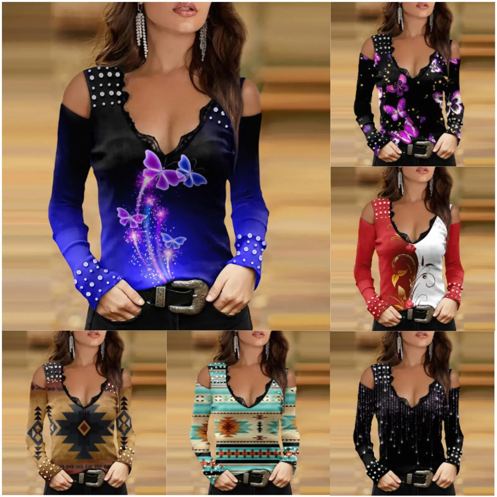 2023 V-Neck Long Sleeve Women's Top Red White Gold Print - Image 13