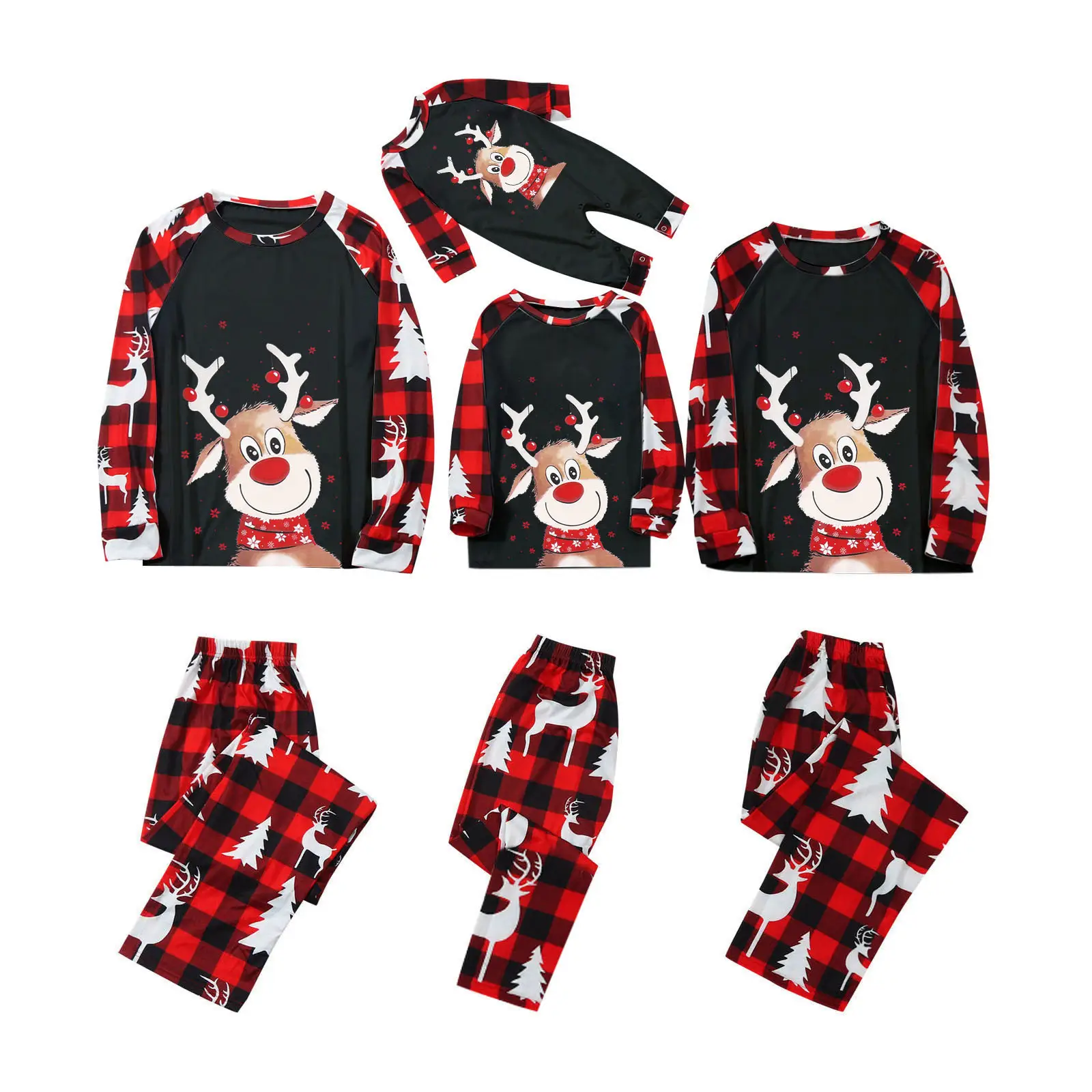 Christmas Couple Pajama Set Black Red Deer Print