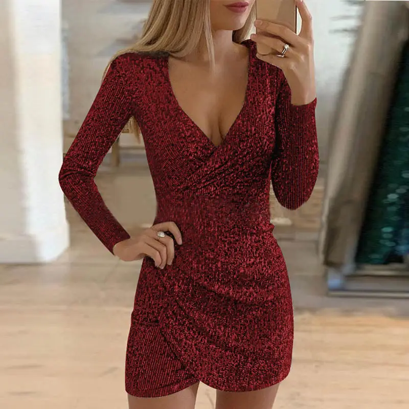 V-Neck Sequin Hip Dress for Women American European