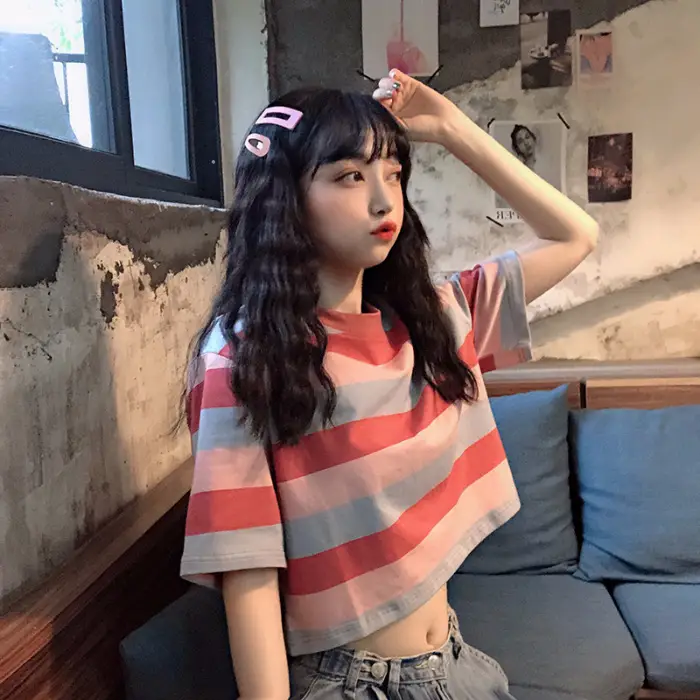Korean Style Rainbow Stripes Short Sleeve T-Shirt - Image 4