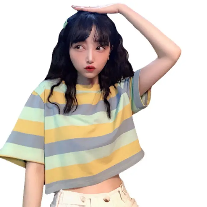 Korean Style Rainbow Stripes Short Sleeve T-Shirt - Image 6