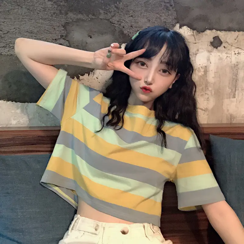 Korean Style Rainbow Stripes Short Sleeve T-Shirt — feature 11