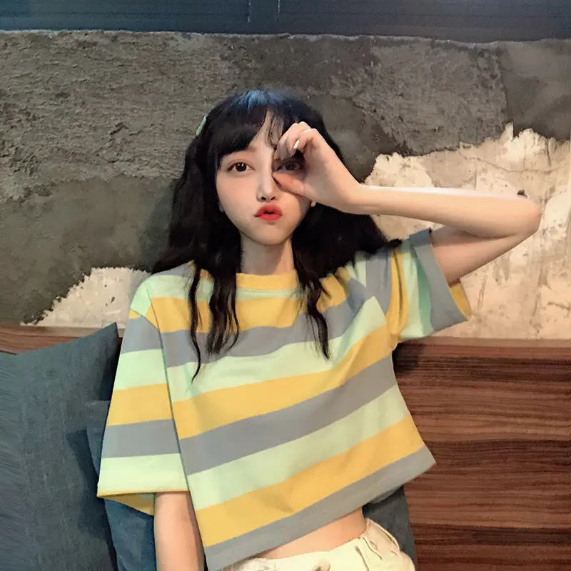 Korean Style Rainbow Stripes Short Sleeve T-Shirt — feature 12