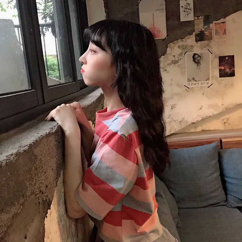 Korean Style Rainbow Stripes Short Sleeve T-Shirt — feature 2