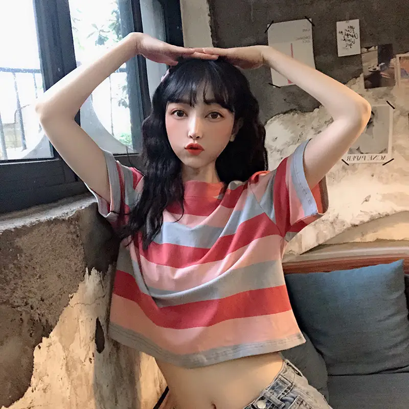 Korean Style Rainbow Stripes Short Sleeve T-Shirt — feature 3