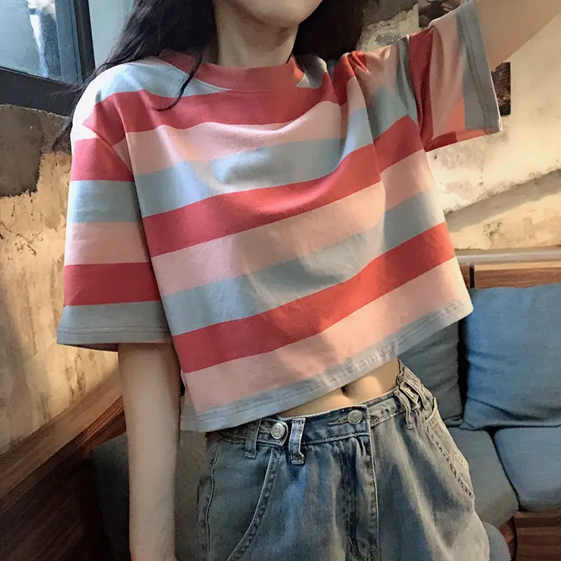 Korean Style Rainbow Stripes Short Sleeve T-Shirt — feature 5