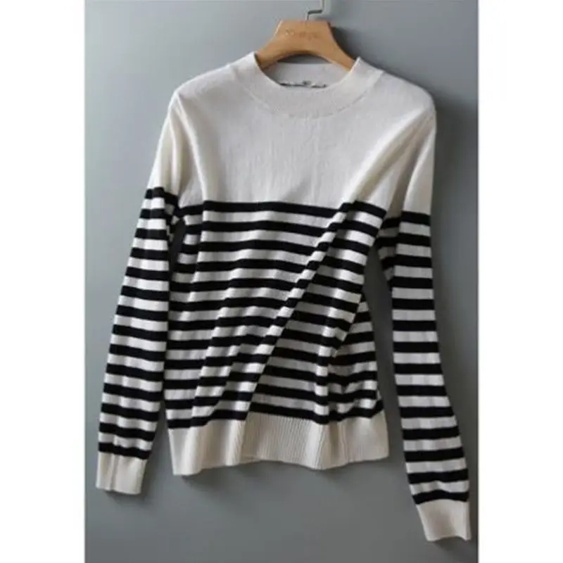 Women Striped Loose Sleeve Sweater Black White - Image 6