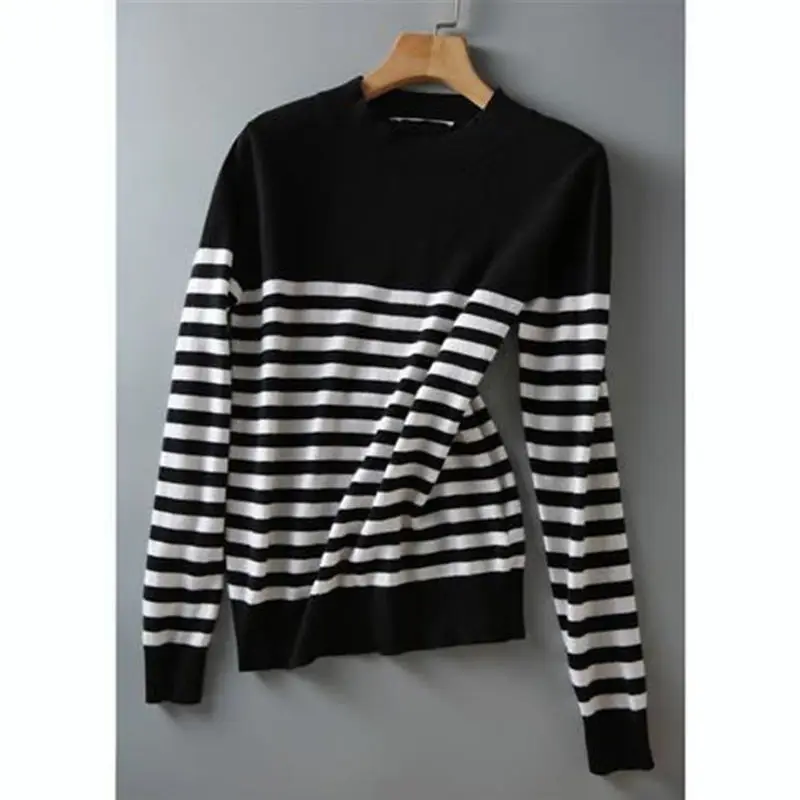 Women Striped Loose Sleeve Sweater Black White - Image 7