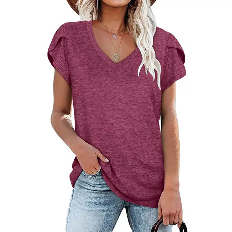 Women Maroon Butterfly Sleeve T-Shirt Casual Short Sleeve - Image 10