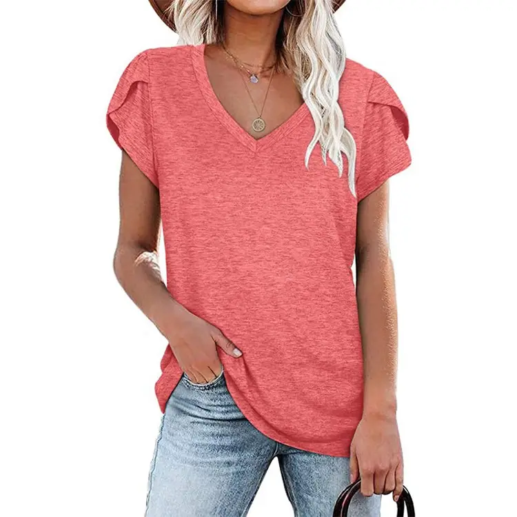 Women Maroon Butterfly Sleeve T-Shirt Casual Short Sleeve - Image 5