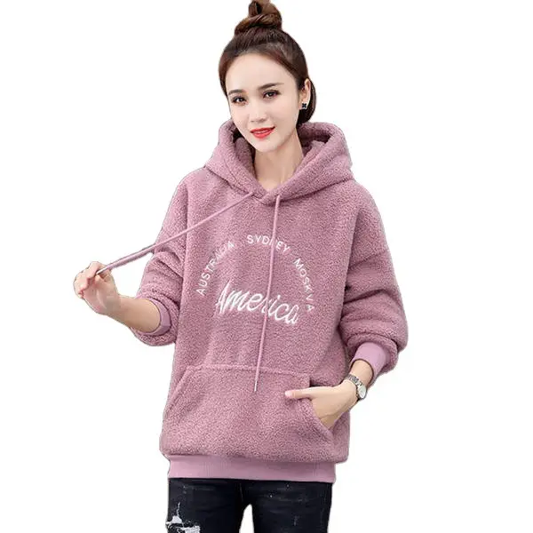 Faux Lambswool Hooded Sweatshirt Women Winter Warm Brown - Image 9