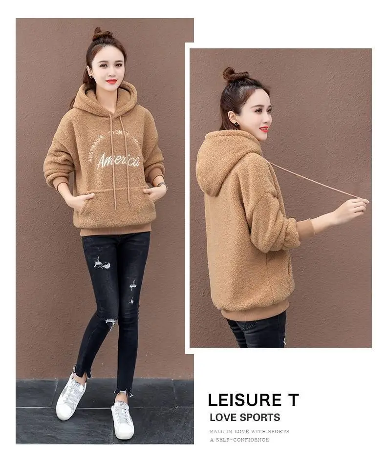 Faux Lambswool Hooded Sweatshirt Women Winter Warm Brown — feature 10