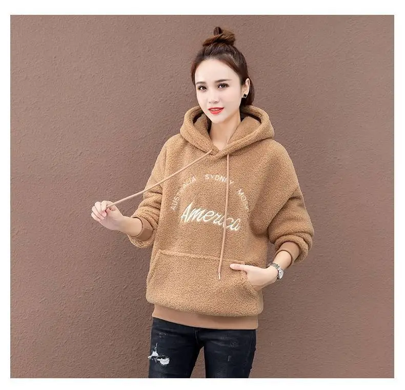 Faux Lambswool Hooded Sweatshirt Women Winter Warm Brown — feature 12