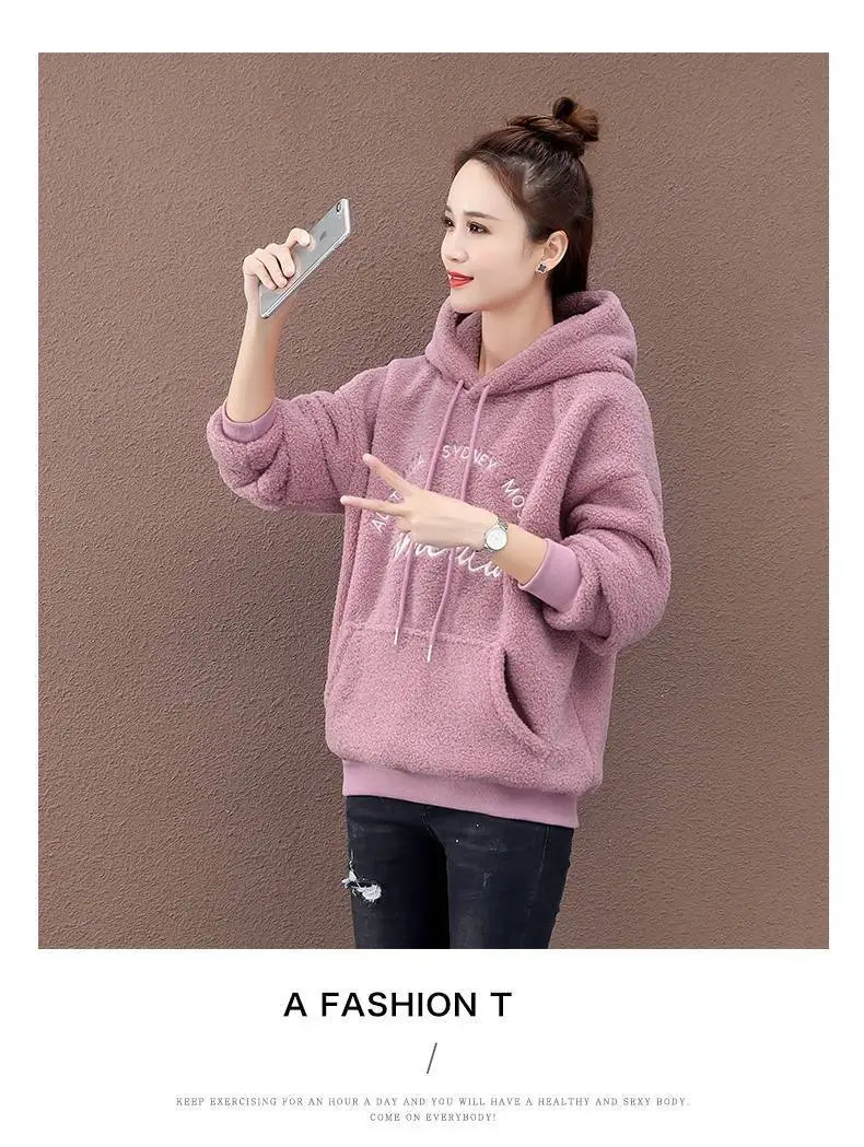 Faux Lambswool Hooded Sweatshirt Women Winter Warm Brown — feature 14