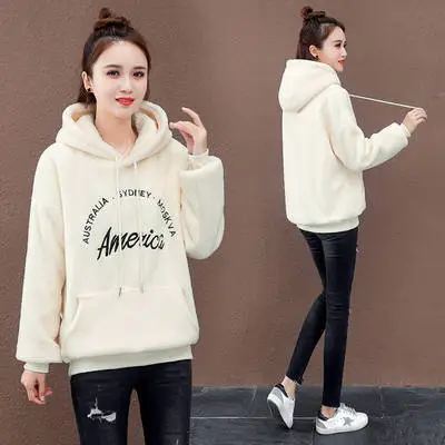 Faux Lambswool Hooded Sweatshirt Women Winter Warm Brown - Image 4