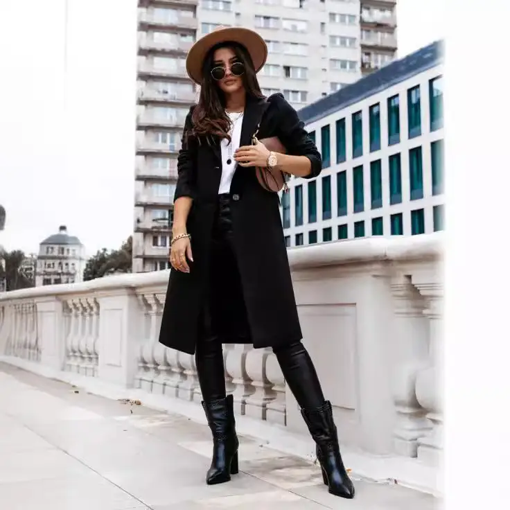 Women's Black Long Sleeve Tweed Coat Suit with Collar - Image 5