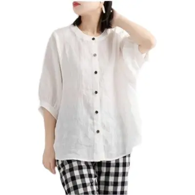 Women Cotton Linen Shirt Lantern Sleeve Large Purple