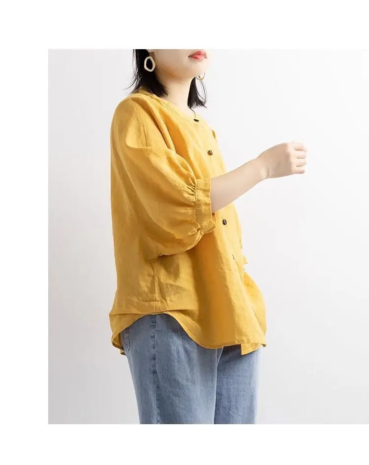 Women Cotton Linen Shirt Lantern Sleeve Large Purple — feature 6