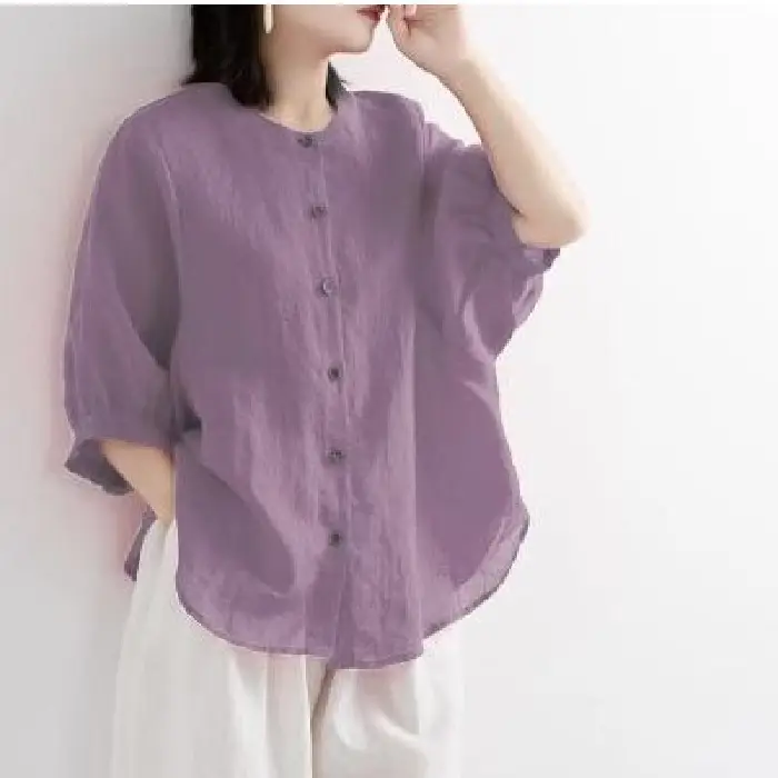 Women Cotton Linen Shirt Lantern Sleeve Large Purple