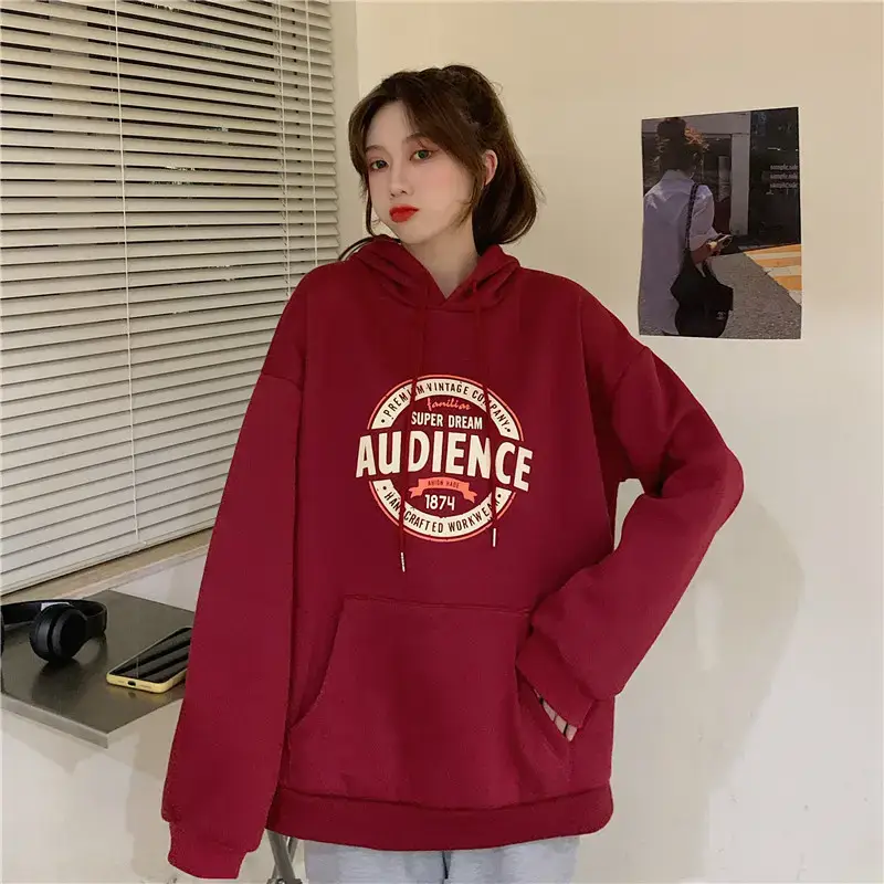 Women's Red Hooded Sweatshirt Fleece Lined Long Sleeve — feature 22