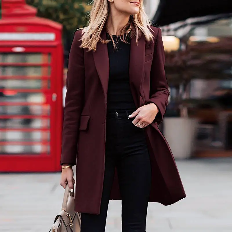 2023 Women's Long Coat Solid Color Winter Suit Brown Black - Image 6