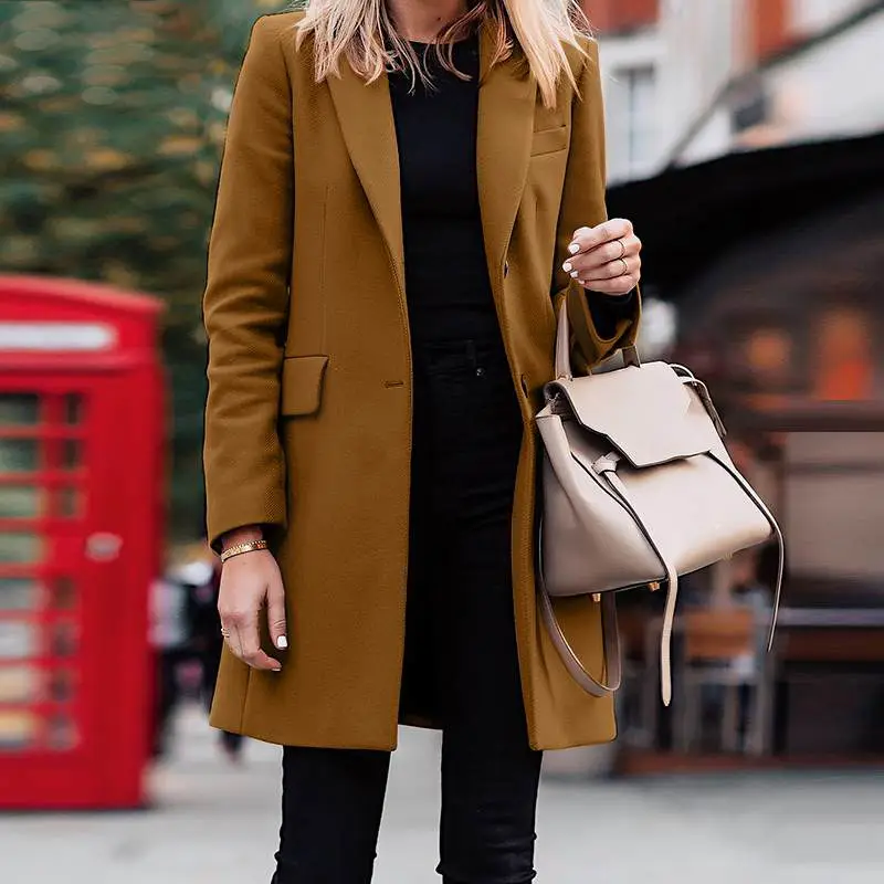 2023 Women's Long Coat Solid Color Winter Suit Brown Black - Image 3