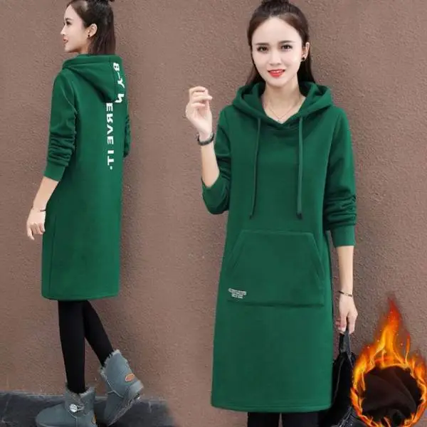 Women Green Hooded Fleece Mid-Length Sweater 2020 - Image 4