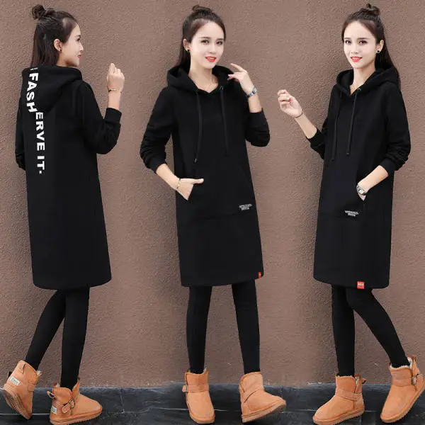 Women Green Hooded Fleece Mid-Length Sweater 2020 - Image 5