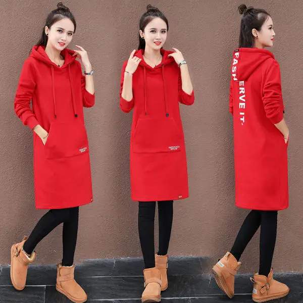 Women Green Hooded Fleece Mid-Length Sweater 2020 - Image 6