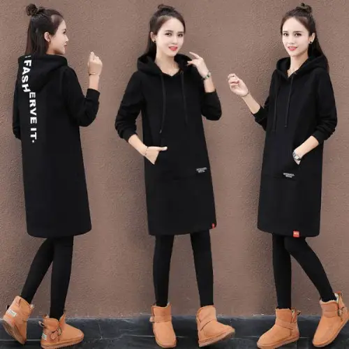 Women Green Hooded Fleece Mid-Length Sweater 2020 - Image 2