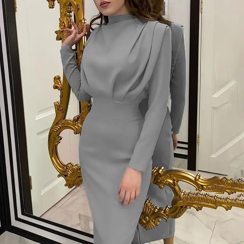 2024 Women's Light Blue Long Sleeve Waist-Cinching Dress - Image 2