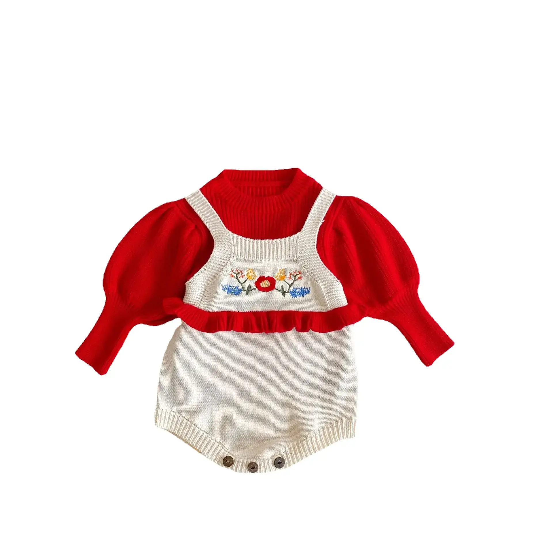 2-Piece Baby Fungus Embroidered Romper Suit Red White Green