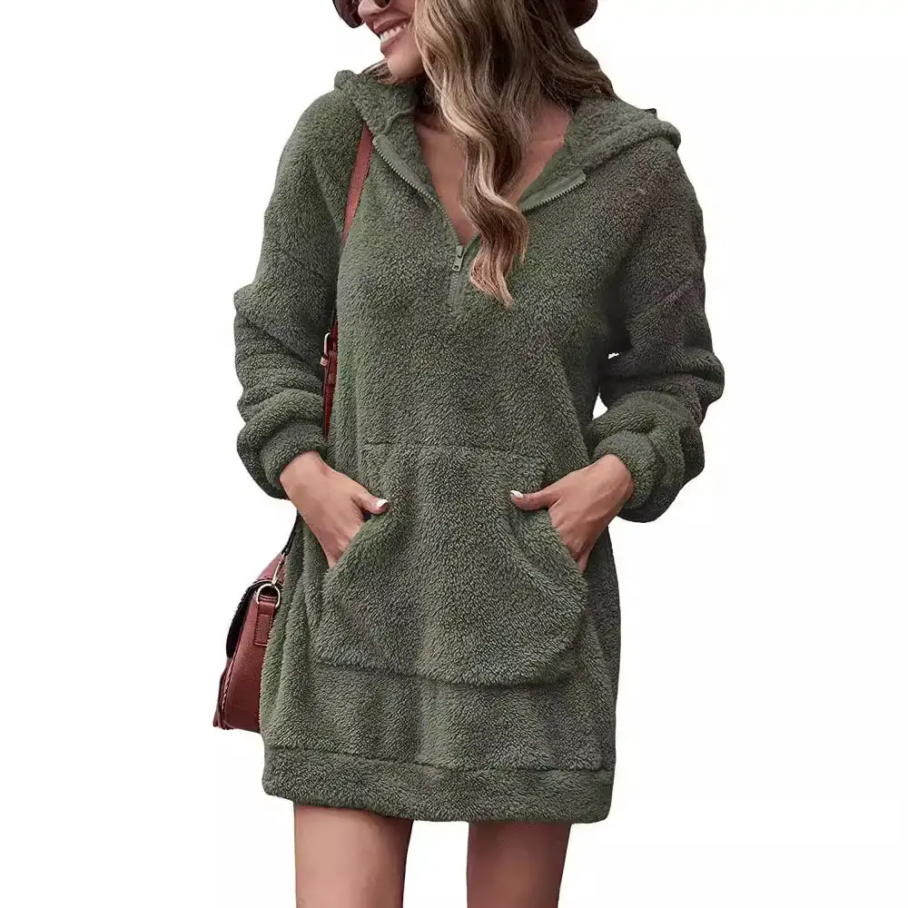 Women Velvet Hooded Zipper Pants Sweatshirt Jacket Grey - Image 6