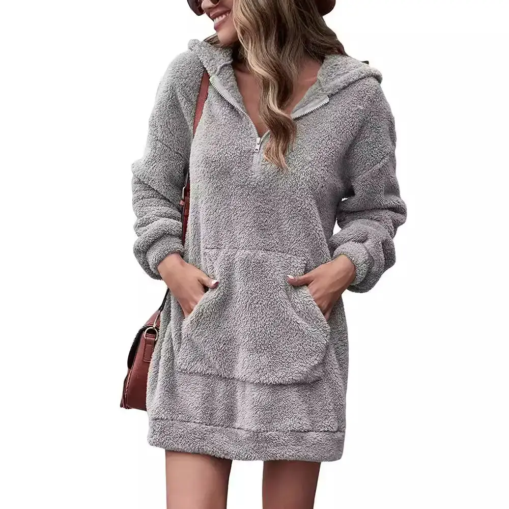 Women Velvet Hooded Zipper Pants Sweatshirt Jacket Grey - Image 8