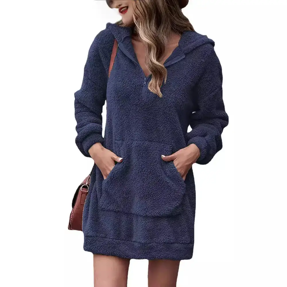 Women Velvet Hooded Zipper Pants Sweatshirt Jacket Grey - Image 9