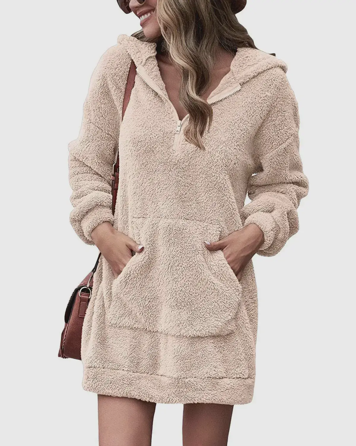 Women Velvet Hooded Zipper Pants Sweatshirt Jacket Grey - Image 3