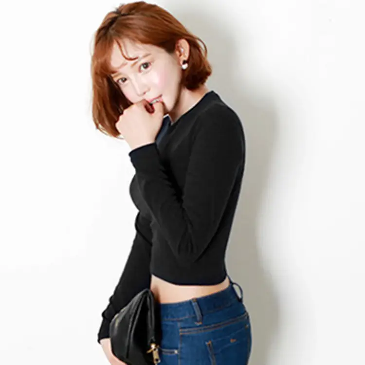 Women's Black Long Sleeve Crop Top Slim Fit Cotton - Image 9