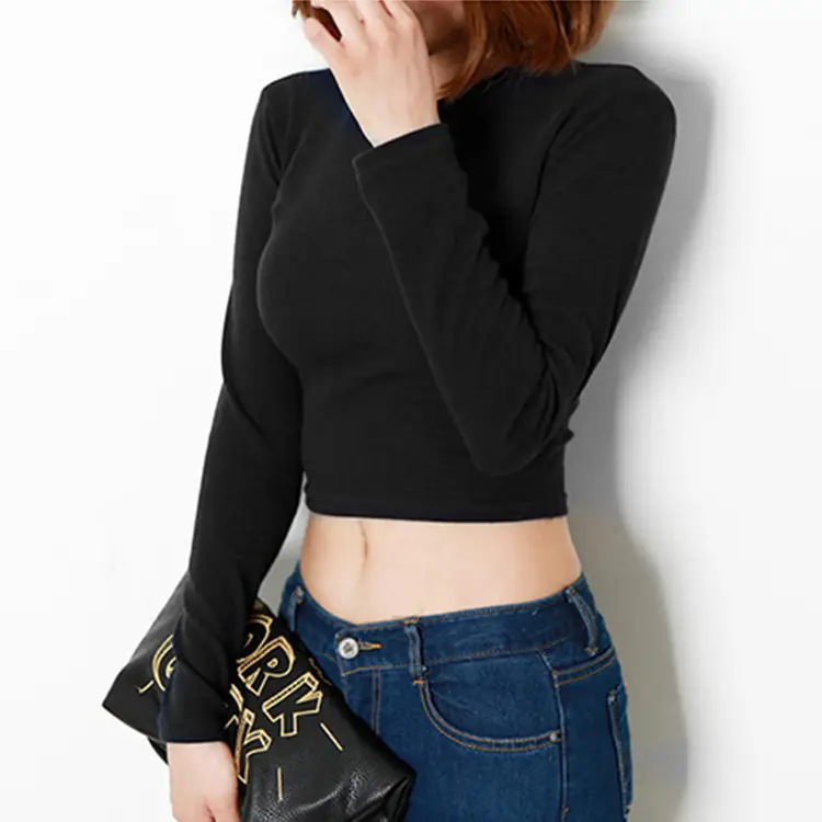 Women's Black Long Sleeve Crop Top Slim Fit Cotton - Image 10