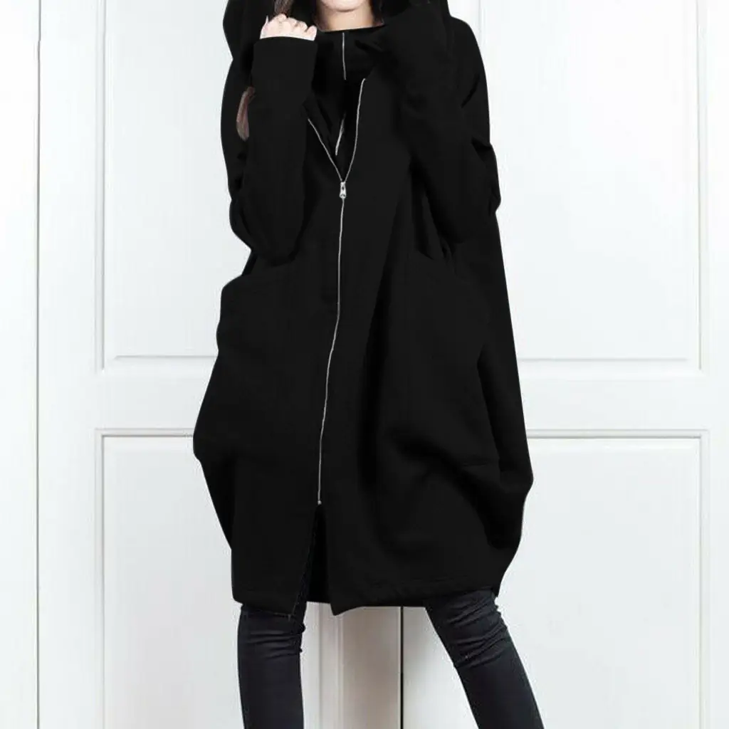 Black Hooded Zipper Long Coat for Women - Image 5