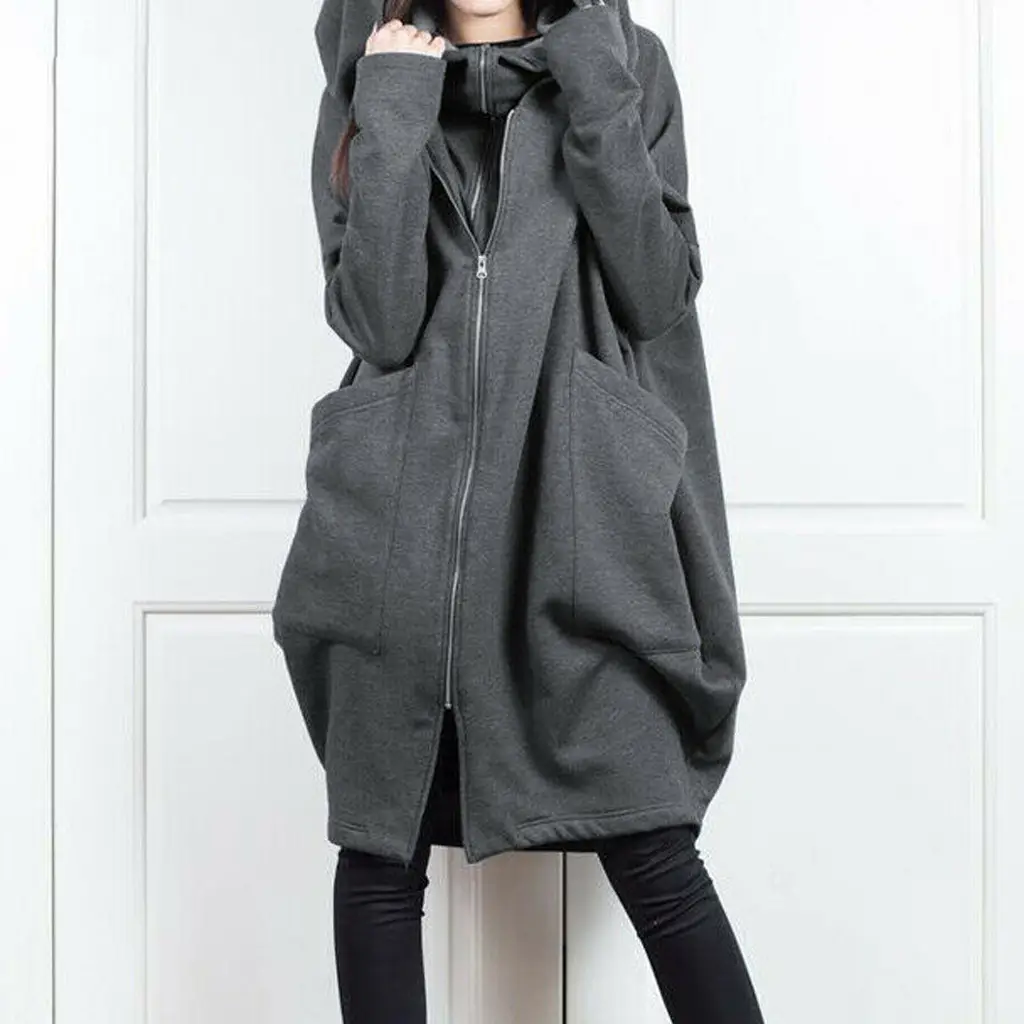 Black Hooded Zipper Long Coat for Women - Image 6