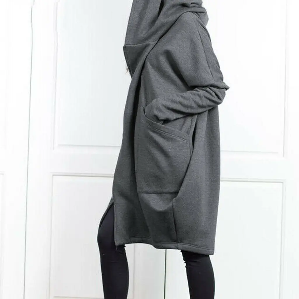 Black Hooded Zipper Long Coat for Women — feature 6